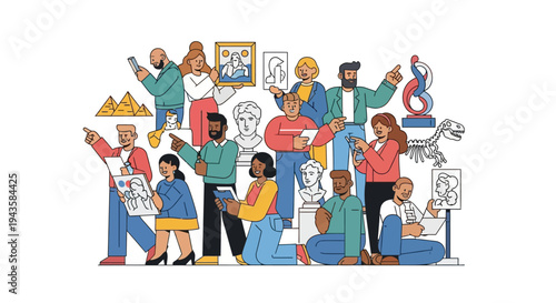 Diverse group exploring and appreciating art, culture, and creativity, engaged in artistic endeavors and cultural heritage