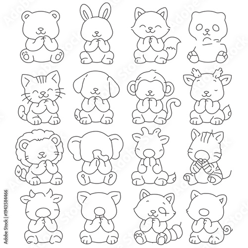 Cute cartoon animals line collection praying or begging