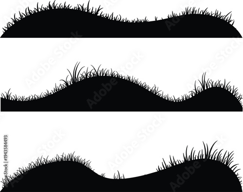 Grass hill silhouette shapes, natural landscape ground elements, meadow terrain design set, outdoor scenery icons, cad drawing flat vector illustration