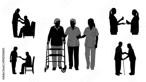 Illustrative Silhouettes Depicting Compassionate Elder Care and Support, Showing Caregivers Assisting Seniors in Various Daily Interactions