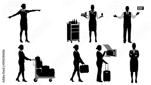 Professional Airline Crew Silhouettes Dedicated Staff Performing Travel Service and Hospitality Duties