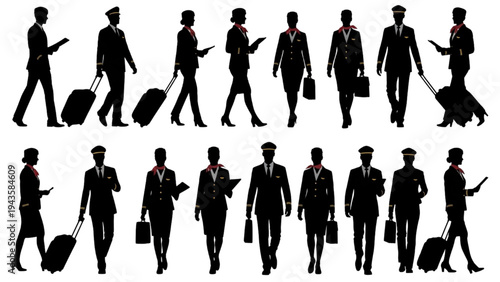 Collection of diverse airline crew silhouettes showcasing various travel professionals and their roles, ready for departure or arrival
