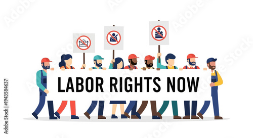 Labor Rights Now Protestors March with Banner Advocating for Worker Protections