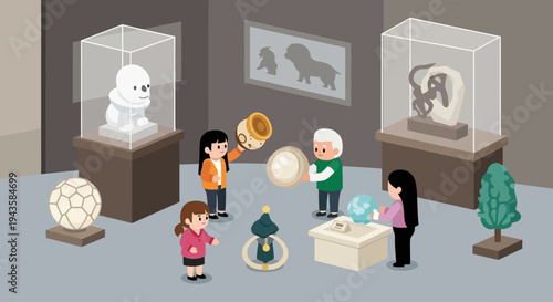 Museum Visit Displaying Cultural Exhibits and Artifacts with Visitors Observing