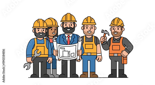Team of construction workers standing together holding blueprints and tools, ready for a project