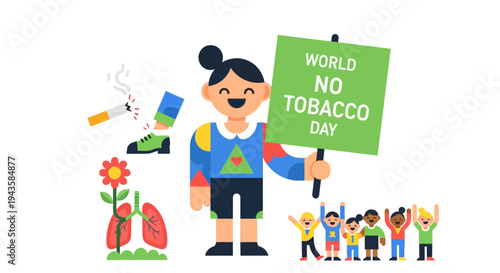 World No Tobacco Day" illustration featuring a joyful activist advocating for a smoke-free future for children and promoting global health awareness