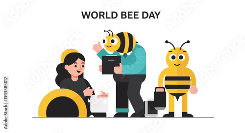 Celebrating World Bee Day with cheerful bees and people working together for nature conservation