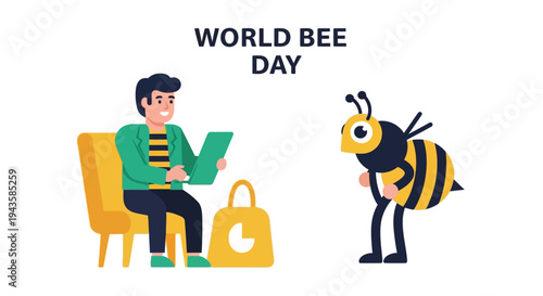 World Bee Day Celebration A Man Interacts with a Friendly Bee, Promoting Environmental Awareness