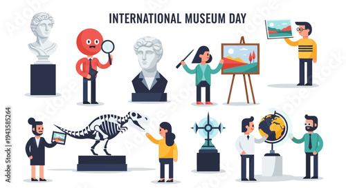 Museum exploration illustrations of visitors discovering art, history, and science exhibits, fostering cultural and educational enrichment