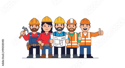 Smiling group of professional construction workers and engineers in hard hats, symbolizing teamwork, safety, and expertise in the building sector
