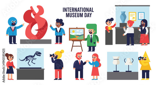 International Museum Day celebration with diverse visitors exploring exhibits and art installations at cultural institutions