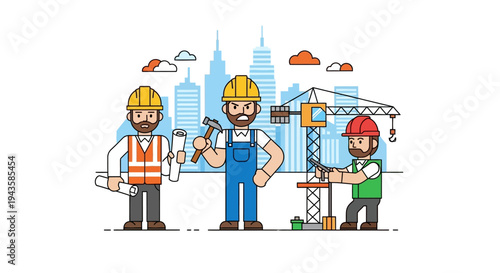 Dedicated construction team collaborates on a new urban development project amidst a modern city skyline with active building cranes