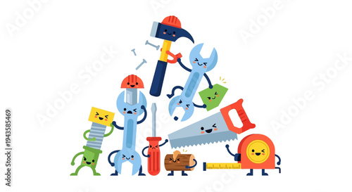 Cartoon tools with happy faces, a hammer, wrench, saw, screwdriver, bolts and measuring tape, illustrating DIY and construction concepts with charm