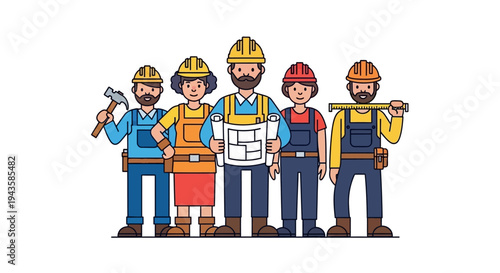 Unified team of diverse construction workers with essential tools, symbolizing collaborative effort and expertise in the building industry
