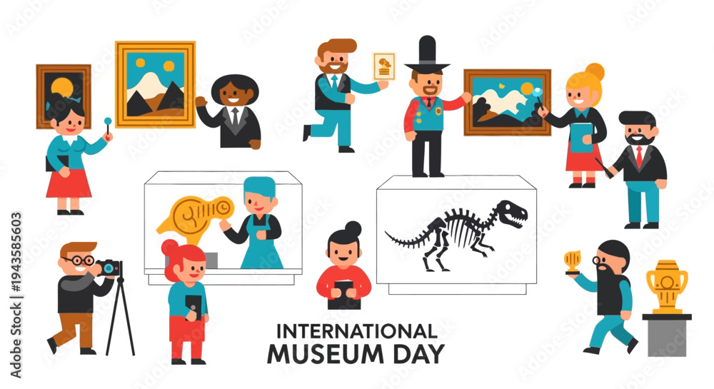 Fototapeta premium Diverse visitors explore captivating art, historical artifacts, and cultural exhibitions at a vibrant modern museum, blending education and heritage