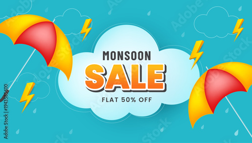 Monsoon season sale banner with umbrella and clouds