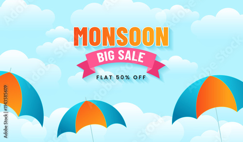 Monsoon season sale template with umbrella and clouds