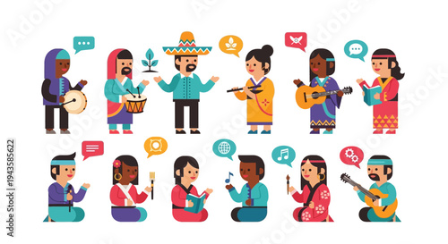 Global community celebrating cultural diversity through music and communication; people from various nations sharing traditions and fostering unity