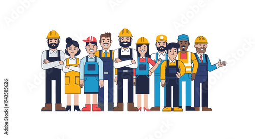 A diverse group of construction workers standing together with pride and readiness for their next project