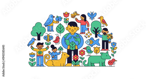 Diverse community protecting and nurturing our planet's wildlife, flora, and natural resources through collective environmental care and sustainability efforts
