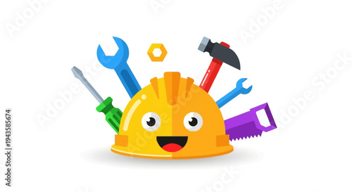 Friendly hard hat mascot surrounded by essential construction and repair tools, symbolizing home improvement, handyman services, and professional maintenance