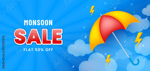 Monsoon season sale banner with umbrella and clouds
