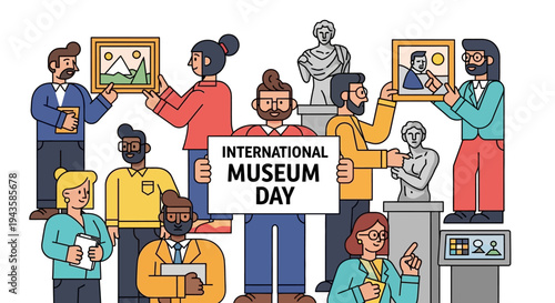 Celebrating International Museum Day with People Admiring Art and Sculptures in a Vibrant Setting