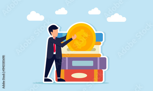 Businessman taking dollar coin from stack of books illustration of profit from ebook business or knowledge expertise