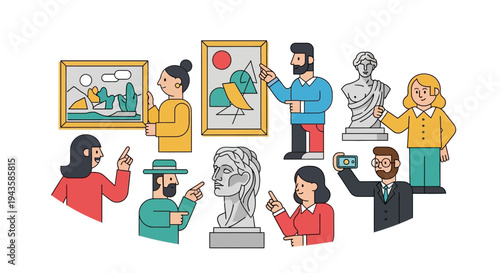 Diverse visitors exploring an art exhibition, engaging with contemporary paintings and classic sculptures