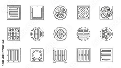 Set of Various Drain Cover Designs in Black and White Vector Illustrations