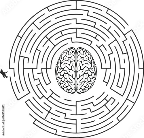 Silhouette of man standing in maze with brain shaped center