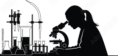 Black silhouette illustration of scientist using microscope surrounded by laboratory glassware including beakers, flasks, test tubes, and pipettes, artwork concept for science, research,