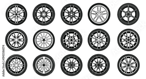 Collection of monochrome car wheel and tire vector illustrations