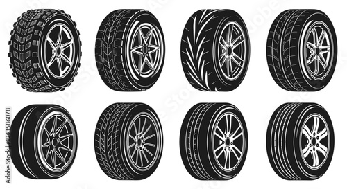 Collection of various car wheel and tire designs