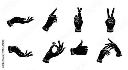 Set of elegant black hand gestures and icons
