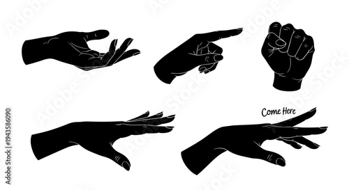 Set of black silhouette hand gestures for communication and gestures