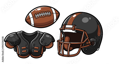 Illustrated American Football Gear Set with Helmet, Shoulder Pads, and Ball on White Background for Sports Themes