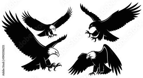 Black eagle silhouettes in flight and attacking poses