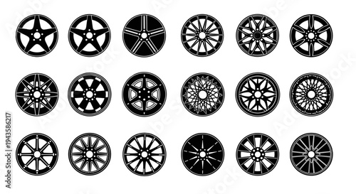 Collection of various automobile wheel designs