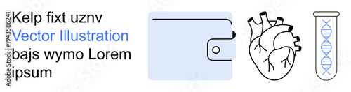 Medicine, genetics, technology, biology, healthcare, biotechnology. A wallet, anatomical heart and DNA test tube. Medicine and genetics concepts for healthcare and biological studies