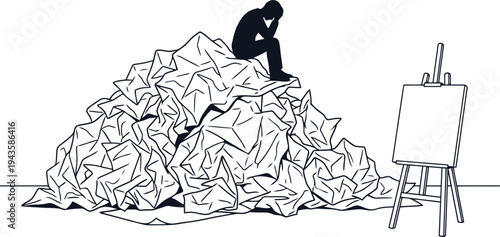  Silhouette of artist sitting on giant crumpled paper ball