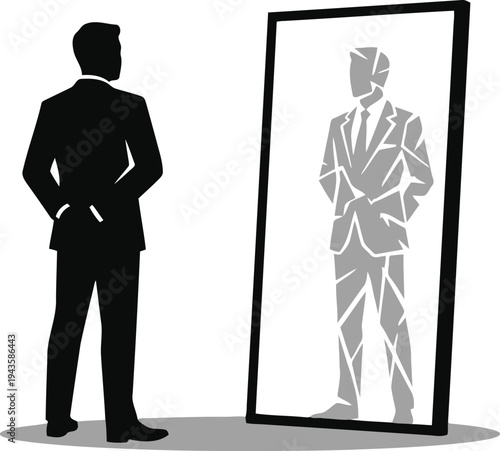 Silhouette of businessman looking at own reflection with doubt