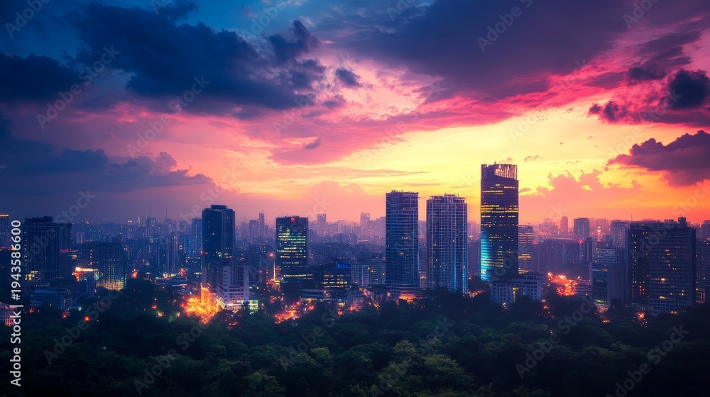 Fototapeta premium A vibrant sunset casts a warm glow over a modern city skyline, with towering buildings and illuminated streets below.