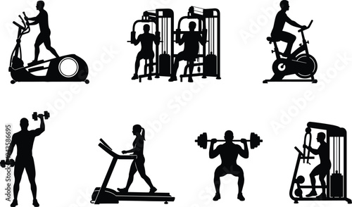 Black silhouette illustration of six people exercising with gym equipment including treadmill, elliptical, bike, dumbbells, barbell, and lat pulldo