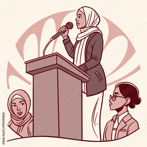 Powerful illustration of a confident Muslim woman in a hijab delivering a speech at a podium, representing leadership, advocacy, and public speaking.