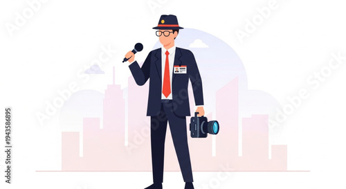 Professional News Reporter With Camera And Press Microphone Live Broadcast Journalism Concept Vector Illustration