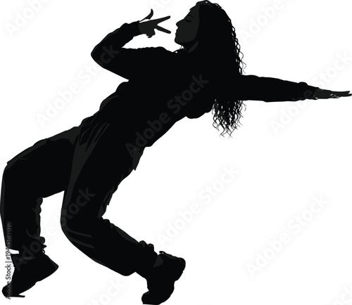 Female dancer silhouette performing hip hop dance move energetic woman dancing freestyle urban street dance black silhouette isolated white