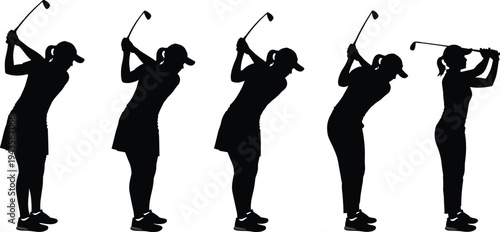 Female golfer silhouette sequence, woman golf swing action poses set, sport vector illustration isolated on white background