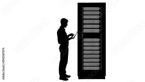 System administrator performing maintenance on server infrastructure with a digital tablet, representing network operations