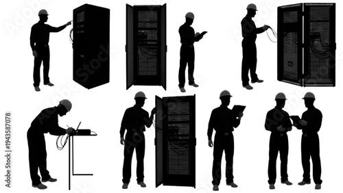 Server Room Technicians Working with Data Racks and Equipment in Silhouette